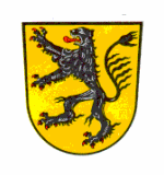 Wappen der Stadt Bad Rodach; In Gold ein rot bewehrter schwarzer Löwe.