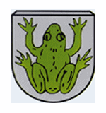 Wappen des Marktes Pilsting; In Silber ein grüner Frosch.