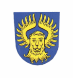 Wappen der Gemeinde Alteglofsheim; In Blau ein geflügelter goldener Löwenkopf.