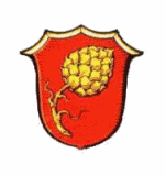Wappen des Marktes Lonnerstadt; In Rot eine gestielte goldene Hopfendolde.