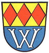 Wappen des Markts Wilhermsdorf rote Rauten auf gold unten Buchstabe W auf blau