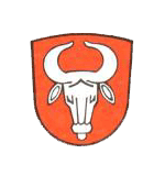 Wappen der Gemeinde Villenbach; In Rot ein herschauender silberner Ochsenkopf