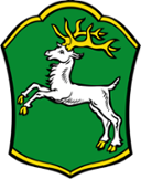 Wappen der Gemeinde Lenggries. Weißer Hirsch auf grünem Hintergrund.