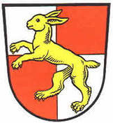 Wappen Stadt Haßfurt Goldener Hase auf rot weiß geviertem Schild