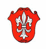 Wappen der Gemeinde Oberpleichfeld; In Rot eine silberne heraldische Lilie.
