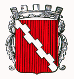 Wappen des Marktes Ortenburg; In Rot ein gegenästiger silberner Schrägbalken.